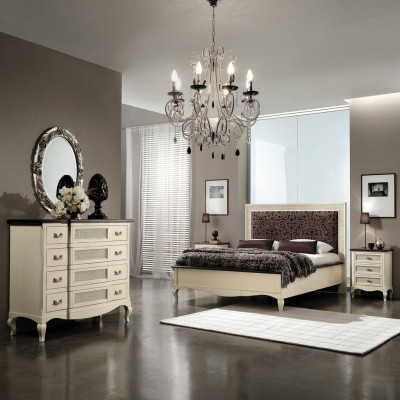 Luxury bedroom set, 4-piece. Bed, 2 nightstands, dresser, solid wood furniture, Italy.