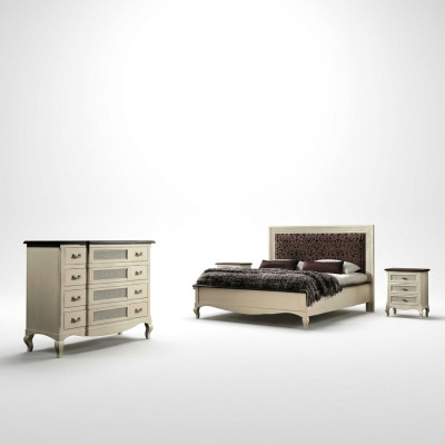 Luxury bedroom set, 4-piece. Bed, 2 nightstands, dresser, solid wood furniture, Italy.