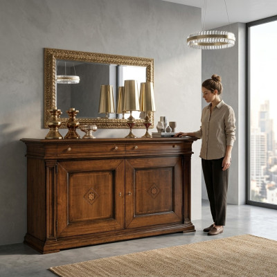 Solid wood dresser with mirror sideboard chest of drawers set Italian furniture 2-piece set.