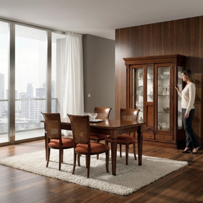 Dining room dining table chairs sideboard display cabinet group set wood brown 7 pcs. set