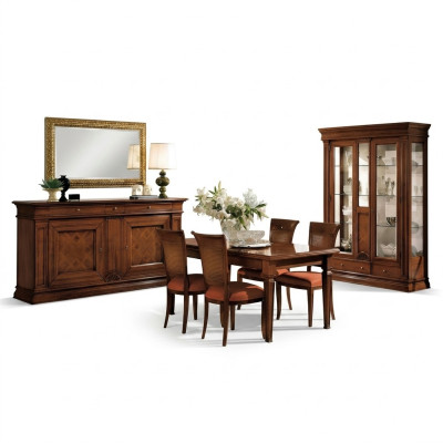 Dining room dining table chairs sideboard display cabinet group set wood brown 7 pcs. set