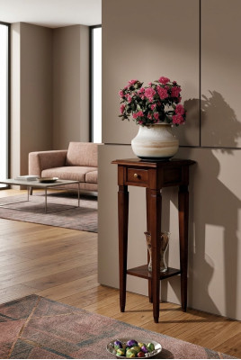 Wooden plant stand in brown with drawer and shelf