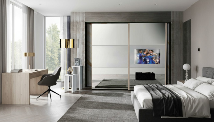 Wardrobe cabinets clothes closet luxury wood sliding doors TV with television