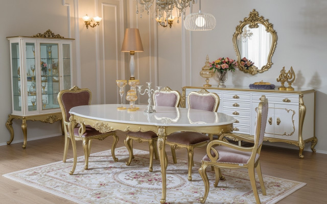 Design Dining Room Set 8-piece Dining Table Chair Sideboard Glass Cabinet Mirror