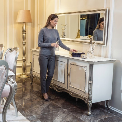 Sideboard White Silver Sideboard Console Dresser Italian Style 2-Piece Mirror