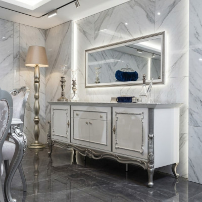 Sideboard White Silver Sideboard Console Dresser Italian Style 2-Piece Mirror