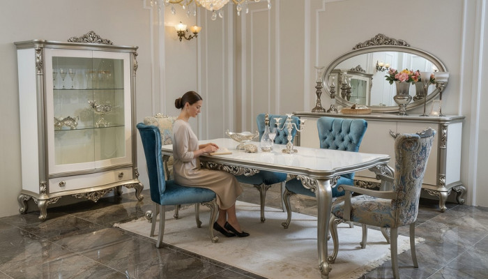 Dining room set ensemble display cabinet table 6x chair sideboard mirror Art Deco 10-piece set