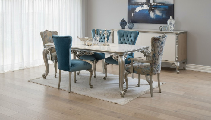 Complete set dining table with 6 chairs dining room dining set wood 7-piece baroque set