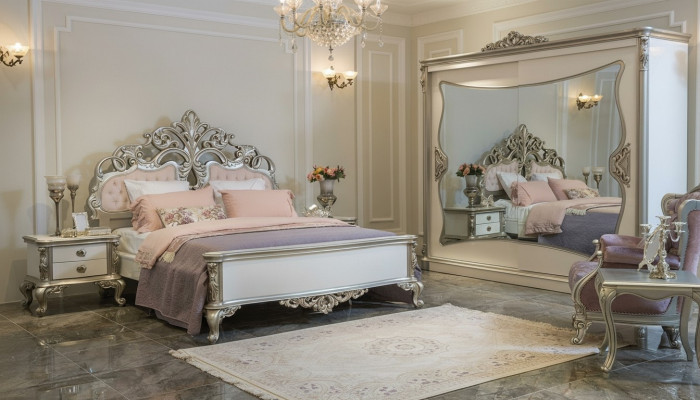 Bedroom set luxury bed 2x nightstand wardrobe chair 6-piece set.