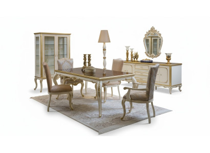Design dining room set, 8 pieces: dining table, chair, sideboard, display cabinet, mirror, tables, wood.
