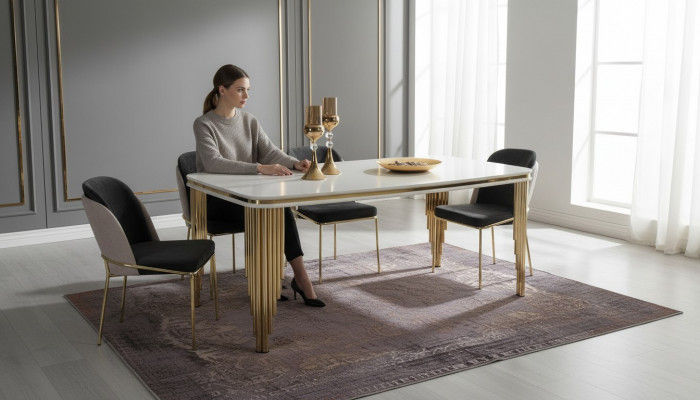 Dining set luxury dining table 4x chairs dining group table stainless steel complete set 5 pieces.