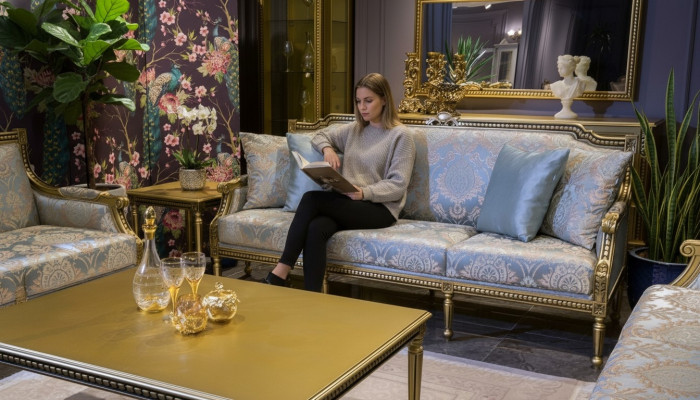 Three-seater couch, upholstered sofa, 3-seat luxury sofa, room blue three-seater.