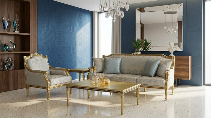 Three-seater couch, upholstered sofa, 3-seat luxury sofa, room blue three-seater.