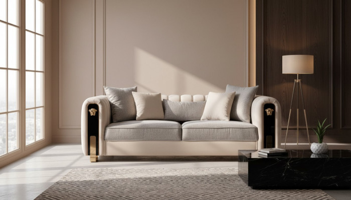 Luxurious upholstered 3-seater sofa in beige in contemporary style