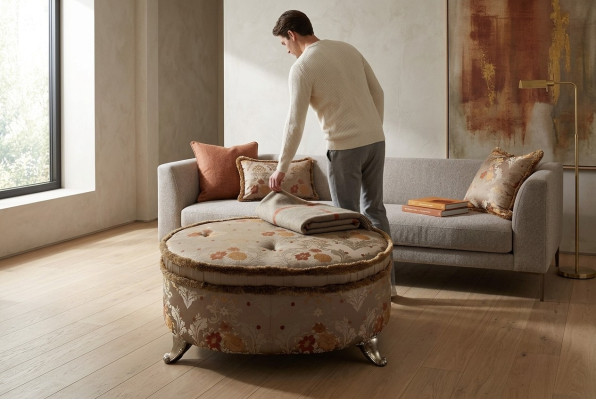 Oval table, Chesterfield upholstered stool, footstool, ottoman, sofa, side round