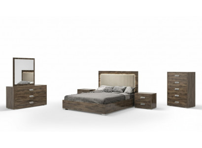 Modern bedding set with bed, nightstand, chest of drawers, and mirror - 6 pieces