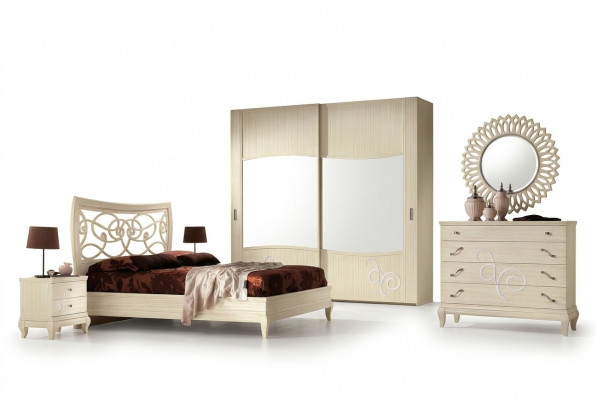 Bedroom bed nightstand wardrobe dresser mirror group new set 6-piece.