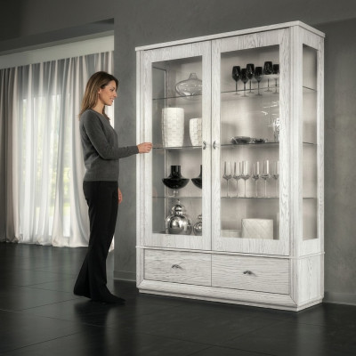 Luxury display showcase vitrines glass cabinet modern wood gray shelf furniture