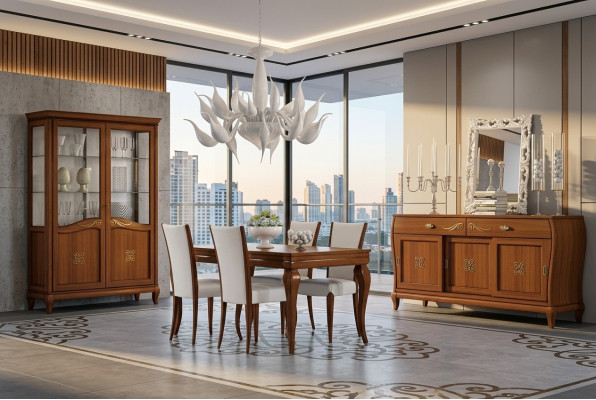 Design Set 7-piece Dining Room Dining Table Chair Sideboard Display Cabinet Group Dining Tables Wood
