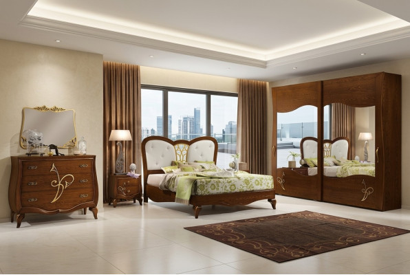 Bedroom Bed Nightstand Wardrobe Dresser Mirror New Luxury Set 6-piece