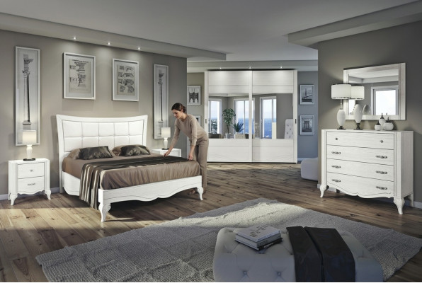 Bedroom bed nightstand wardrobe chest of drawers mirror white luxury set 6 pcs