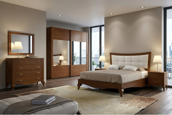 Set of 6-piece Bedroom Bed Nightstand Wardrobe Dresser Mirror Suite