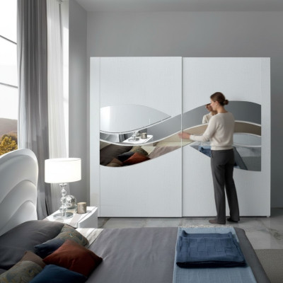 Luxury wardrobe design, wooden closets with mirrors, interior fittings.