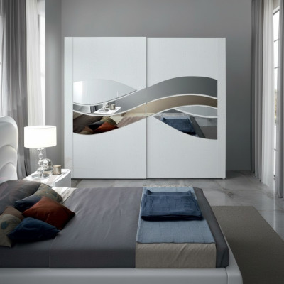 Luxury wardrobe design, wooden closets with mirrors, interior fittings.