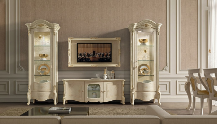 Classic TV cabinet and frame made of natural wood in a classic style