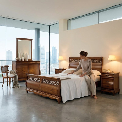 Bedroom furniture set 4-piece. Bed, 2 nightstands, dresser, solid wood design furniture.