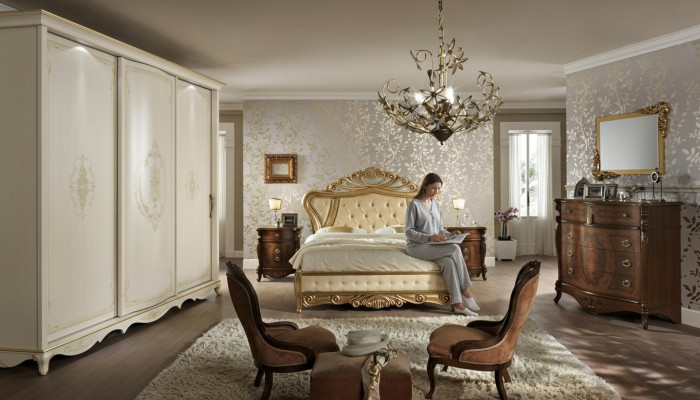 Bedroom furniture: bed, wardrobe, drawer, bedside table with drawers, 5-piece dresser.