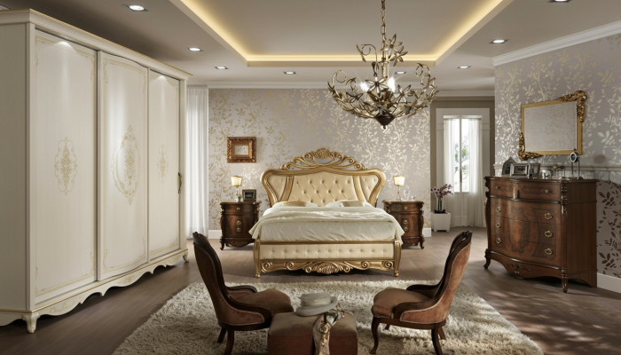 Bedroom furniture: bed, wardrobe, drawer, bedside table with drawers, 5-piece dresser.