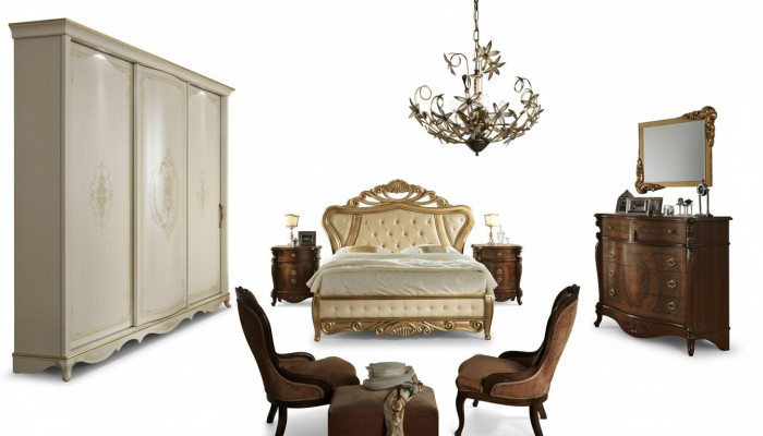 Bedroom furniture: bed, wardrobe, drawer, bedside table with drawers, 5-piece dresser.