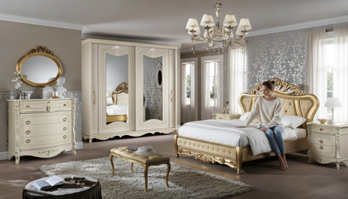 Double bed bedroom furniture wardrobe nightstand with drawers dresser 5-piece set