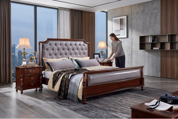 Bedroom bed, bedside table, wood group double design set 3-piece.