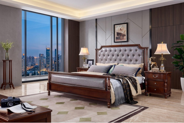 Bedroom bed, bedside table, wood group double design set 3-piece.
