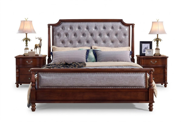 Bedroom bed, bedside table, wood group double design set 3-piece.