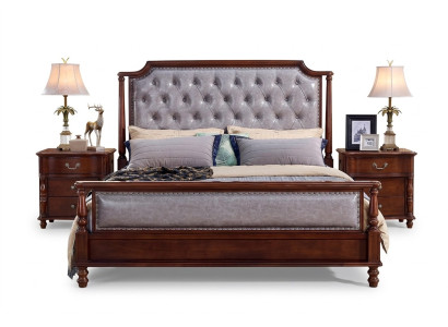 Bedroom bed, bedside table, wood group double design set 3-piece.