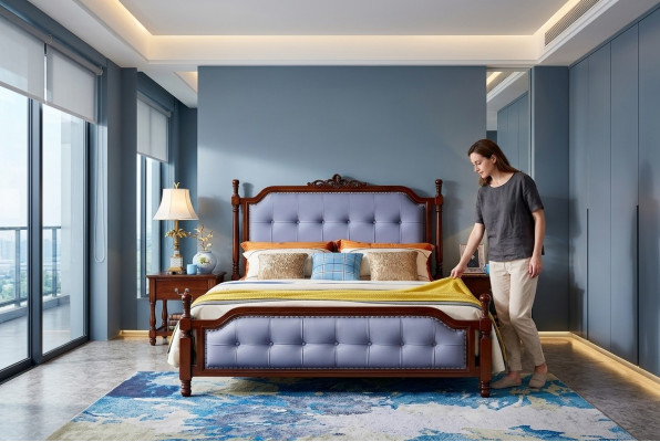 Bedroom bed nightstand bedding set wooden bed frame set 3-piece.