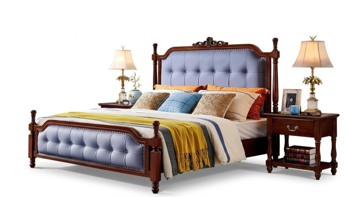 Bedroom bed nightstand bedding set wooden bed frame set 3-piece.