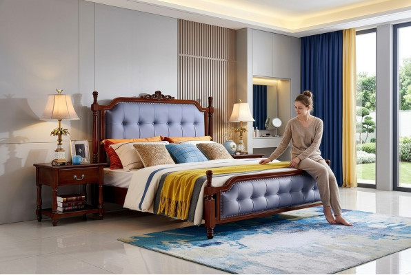 Bed luxury bedroom double bed wood upholstered bed frame Chesterfield