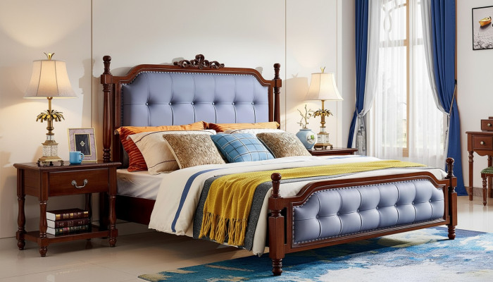 Bed luxury bedroom double bed wood upholstered bed frame Chesterfield