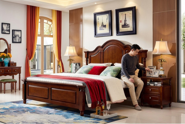 Classic double bed bedroom bed furniture wood beds solid brown