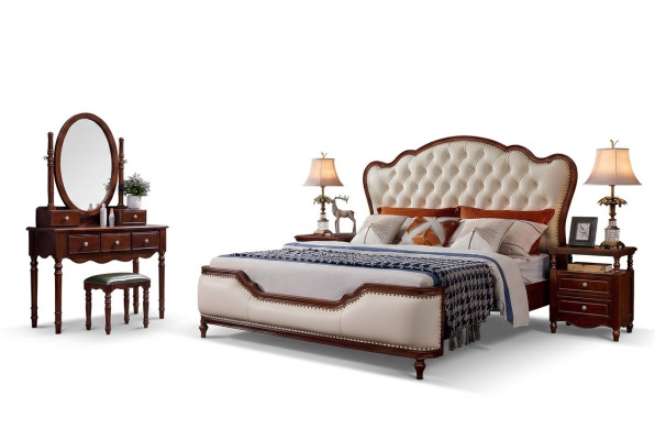 Bed, 2x Nightstands, Dressing Table, Bench, Bedroom Luxury Wood 6-piece Set
