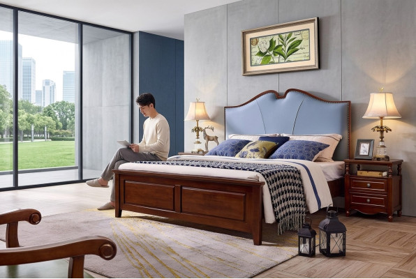 Bedroom bed nightstand beds double wood bed frame set, 3-piece.