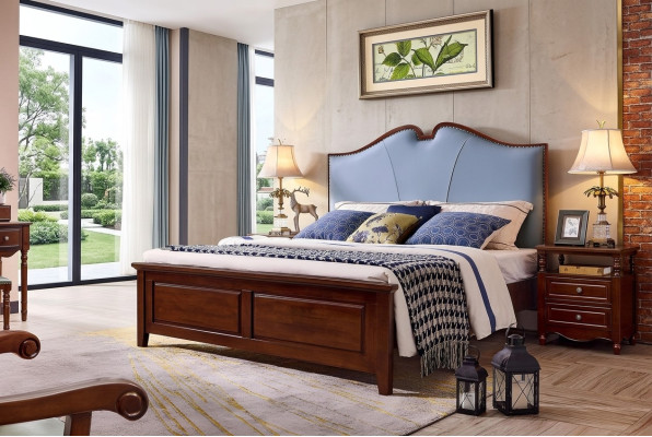 Bedroom bed nightstand beds double wood bed frame set, 3-piece.