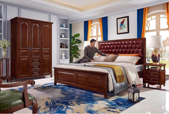 Bed, 2x nightstands, wardrobe, bedroom furniture design, 4-piece set.