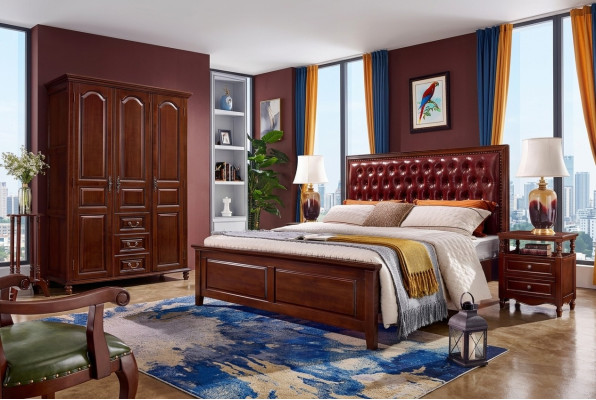 Bed, 2x nightstands, wardrobe, bedroom furniture design, 4-piece set.