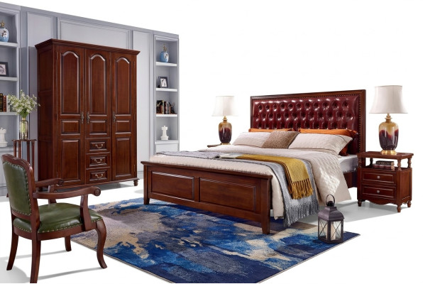 Bed, 2x nightstands, wardrobe, bedroom furniture design, 4-piece set.