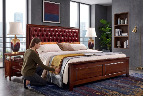 Double bed bedroom wood upholstered bed frame furniture design baroque